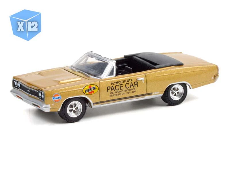 12 PACK 1968 Plymouth GTX 426 HEMI Convertible - '67 LA Times Grand Prix Diecast 1:64 Scale Model - Greenlight 30272
