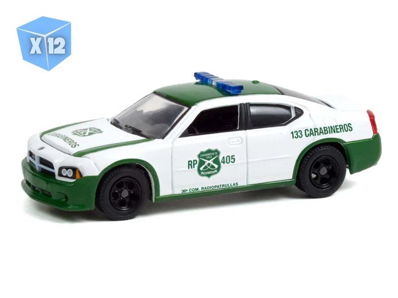 12 PACK 2006 Dodge Charger Police Carabineros de Chile - White and Green Diecast 1:64 Scale Model - Greenlight 30270