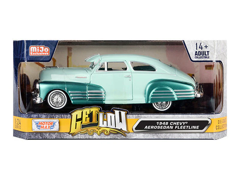 1948 Chevrolet Aereosedan Fleetside Lowrider - Two Tone Green (Get Low) Diecast 1:24 Scale Model - Motormax 79027GRN - Image 2