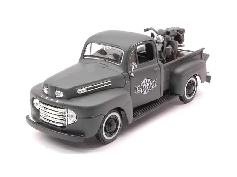 1948 Ford F-1 Pickup Truck and 1942 Harley-Davidson WLA Flathead Motorcycle - Matt Dark Gray (H.D. Custom) Diecast 1:24 Model - Maisto 32185BK