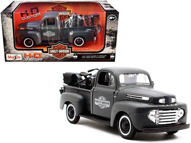 1948 Ford F-1 Pickup Truck and 1942 Harley-Davidson WLA Flathead Motorcycle - Matt Dark Gray (H.D. Custom) Diecast 1:24 Model - Maisto 32185BK - Image 2