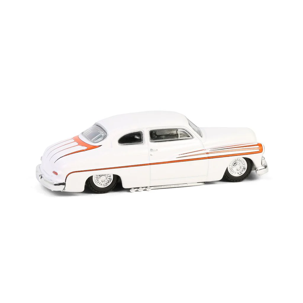 1950 Mercury Eight Coupe - Matte White w/ Metallic Orange Scallops (California Lowriders Series 6) Diecast 1:64 Scale Model - Greenlight 63070B - Image 5