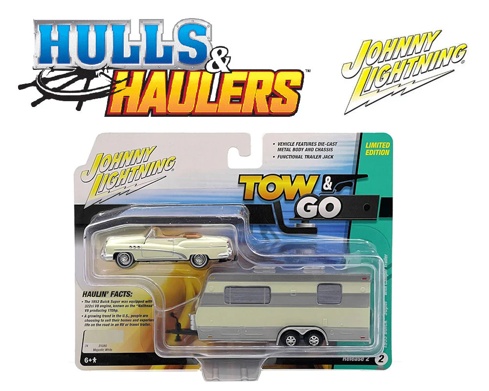 1953 Buick Super w/ Travel Trailer – Cream (Hulls & Haulers) Diecast 1:64 Scale Model - Johnny Lightning JLSP400 - Image 2