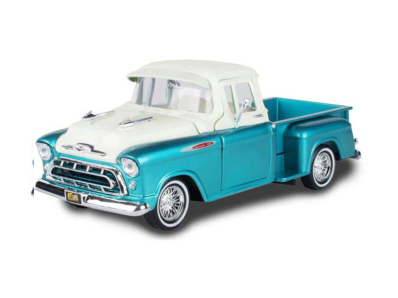 1957 Chevrolet Stepside Lowrider – Two-Tone Turquoise/White (Get Low) Diecast 1:24 Scale Model - Motormax 79032TQ