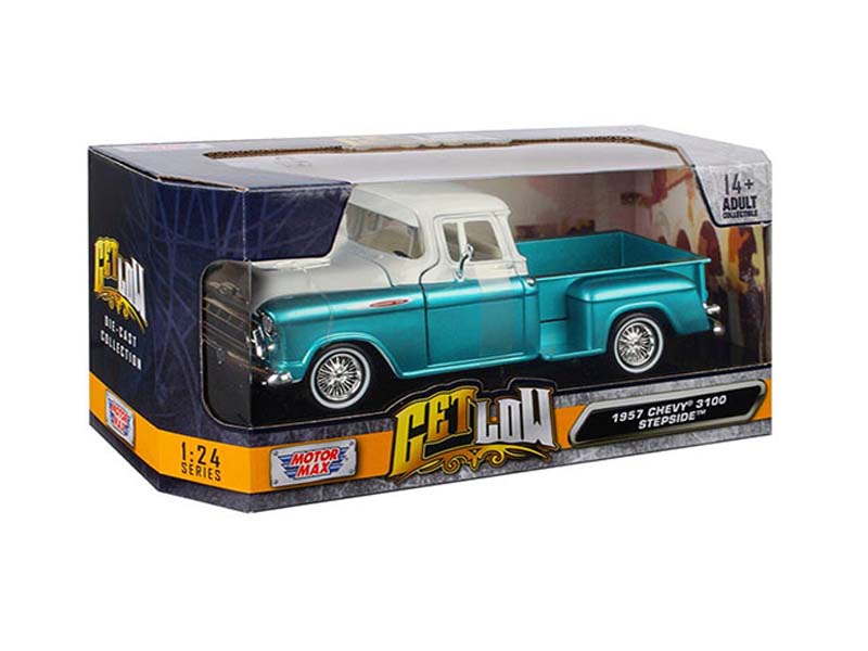 1957 Chevrolet Stepside Lowrider – Two-Tone Turquoise/White (Get Low) Diecast 1:24 Scale Model - Motormax 79032TQ - Image 2