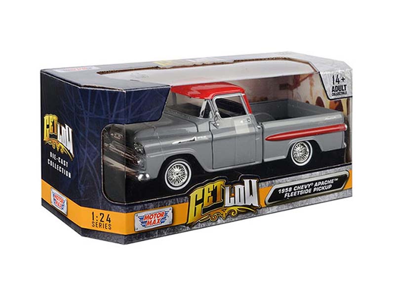 1958 Chevrolet Apache Fleetside Pick Up Grey w/ Red Top Lowrider (Get Low) Diecast 1:24 Scale Model - Motormax 79033GRY - Image 2