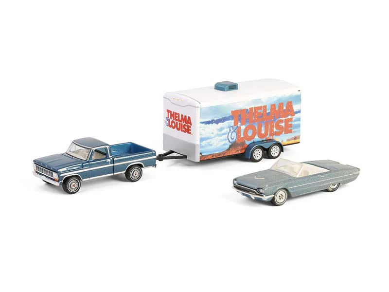 1966 Ford Thunderbird Convertible w/ 1967 Ford F-250 & Car Hauler (Hollywood Hitch & Tow Series 13) Diecast 1:64 Scale Models - Greenlight 31180B