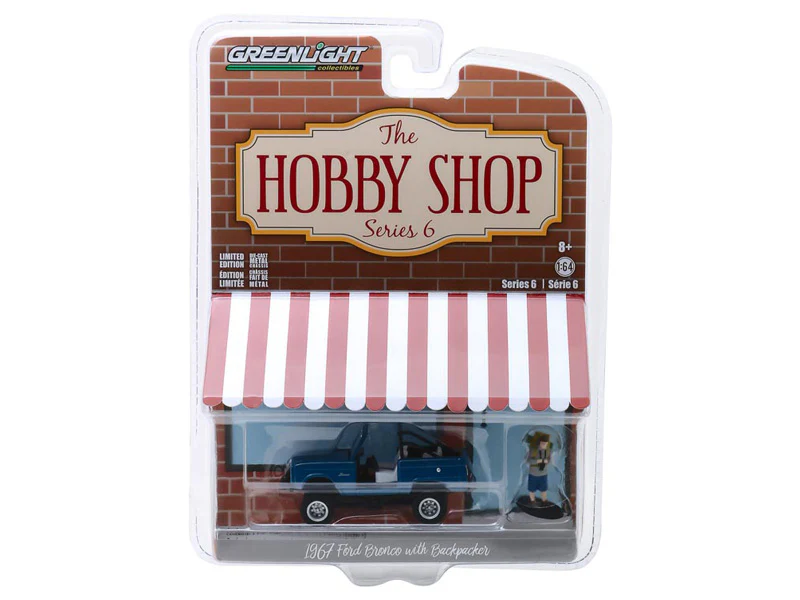 1967 Ford Bronco Dark Blue (Doors Removed) w/ Backpacker Figure (The Hobby Shop Series 6) Diecast 1:64 Scale Model - Greenlight 97060B - Image 2