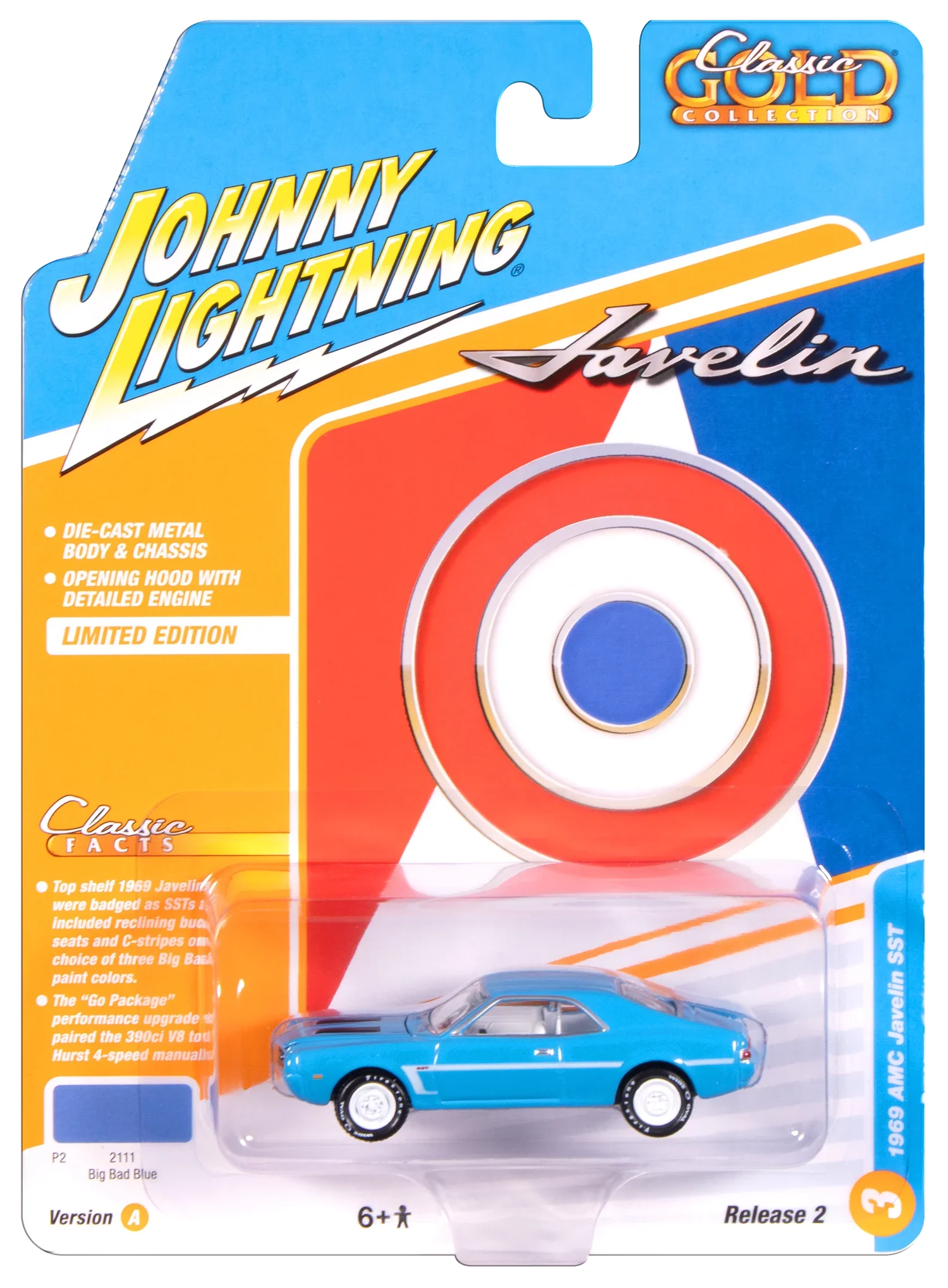 1969 AMC Javelin Big Bad Blue w/ White C Stripe (Classic Gold) Diecast 1:64 Scale Model - Johnny Lightning JLCG037 - Image 3