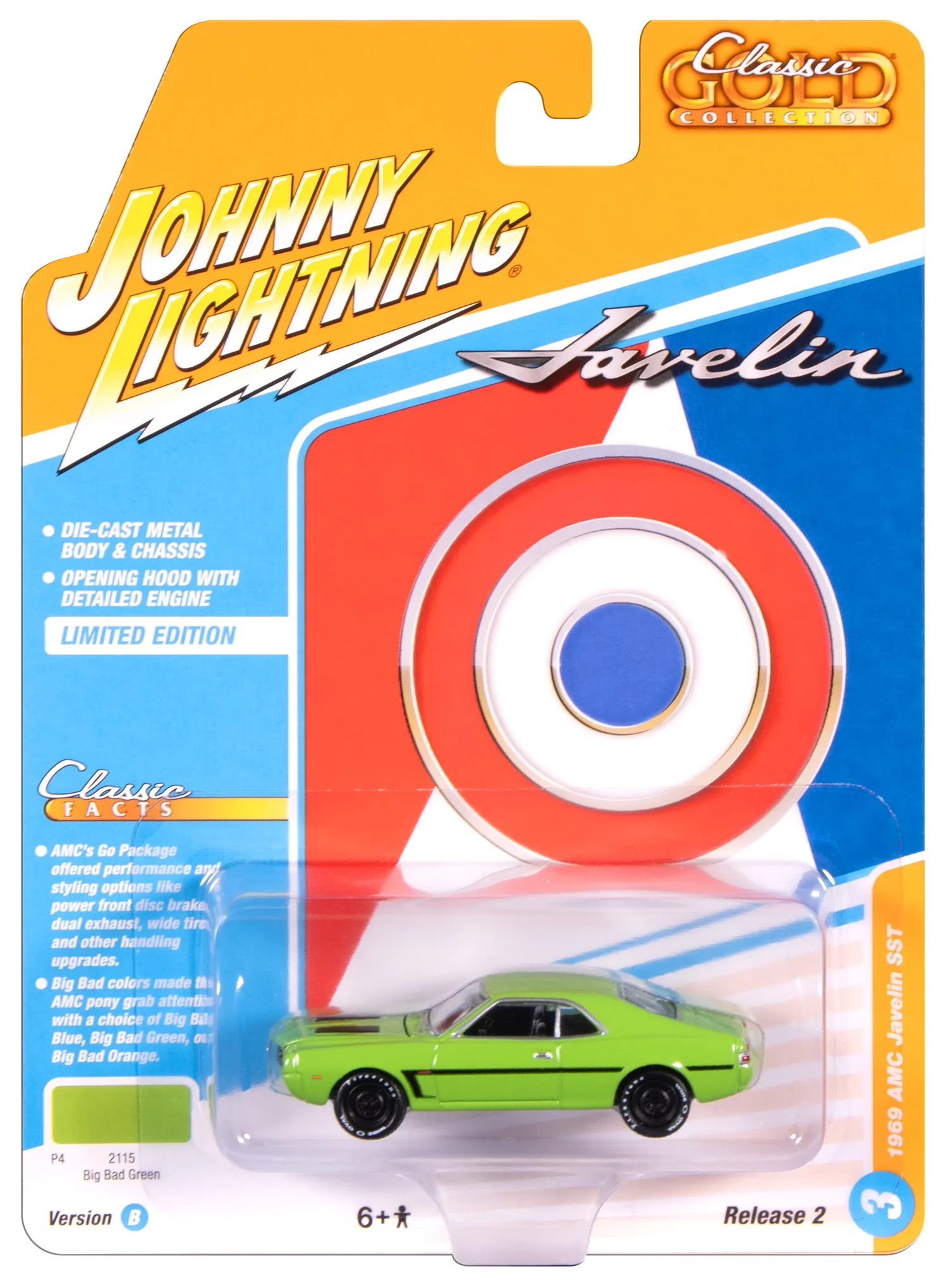 1969 AMC Javelin Big Bad Green w/ White C Stripe (Classic Gold) Diecast 1:64 Scale Model - Johnny Lightning JLCG037 - Image 3