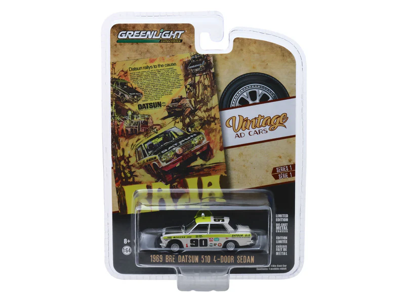 1969 Datsun 510 4-Door Sedan #90 - 1969 Mexican 1000 - Rallys To The Cause (Vintage Ad Cars Series 1) Diecast 1:64 Model Car - Greenlight 39020B - Image 2