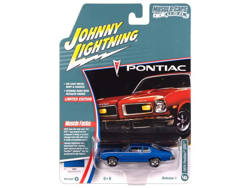 1974 Pontiac GTO Regatta Blue Poly w/ RWB Stripes Diecast 1:64 Scale Model - Johnny Lightning JLMC034B - Image 2
