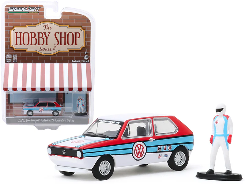 1975 Volkswagen Rabbit White with Stripes and Race Car Driver Figurine "The Hobby Shop" Series 8 Diecast 1:64 Model - Greenlight - 97080B
