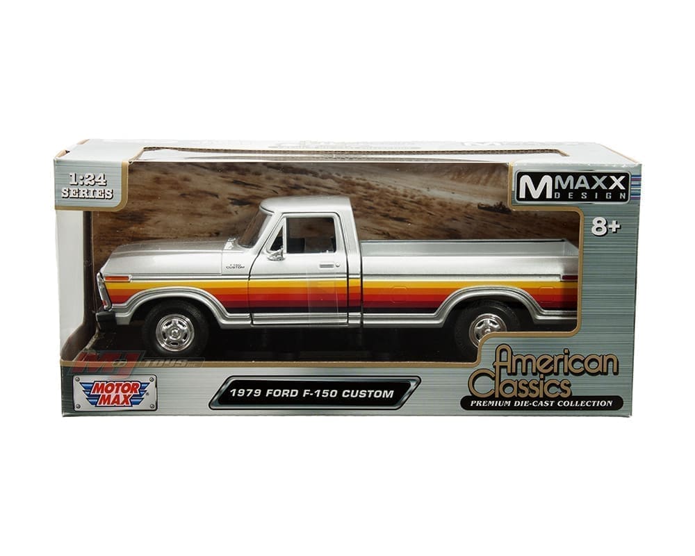 1979 Ford F-150 Custom – Silver w/ Gradient Stripes (American Classics) Diecast 1:24 Scale Model - Motormax 79346SILOR - Image 2