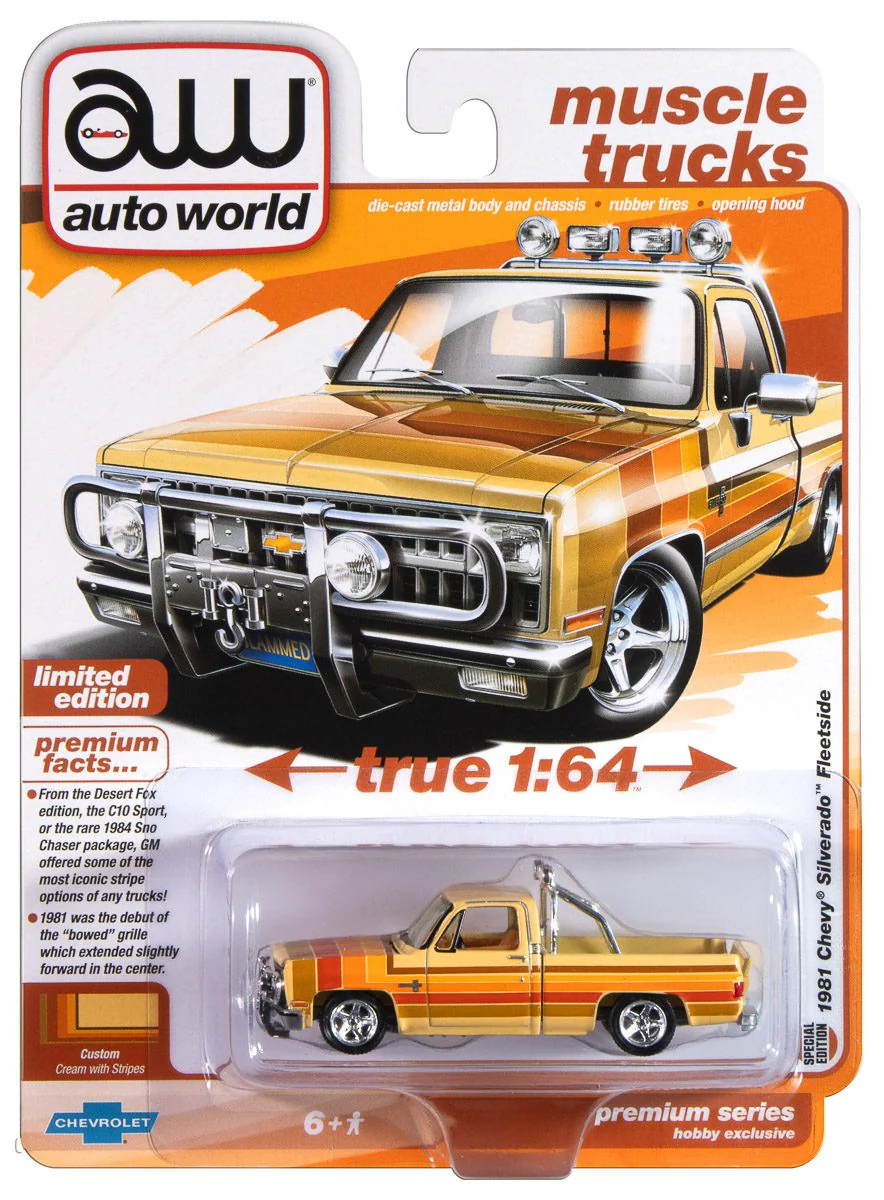 1981 Chevrolet Silverado Fleetside Lowered - Custom Cream w/ 5 Color Stripe Graphics Diecast 1:64 Scale Model - Auto World AWSP191 - Image 2