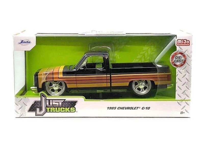 1985 Chevrolet C10 Pickup w/ Paradox Wheels – Black w/ Stripes (Just Trucks) Diecast 1:24 Scale Model - Jada 35854 - Image 2