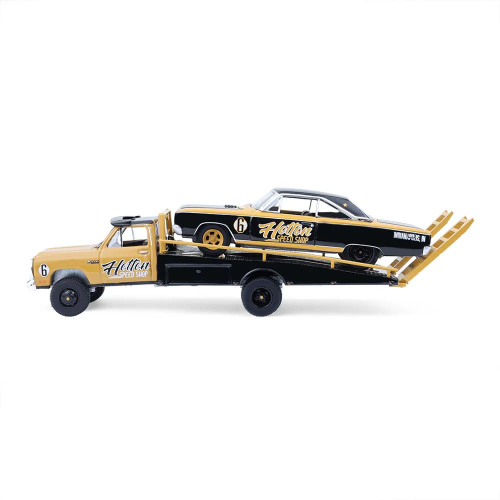 1985 Dodge Ram D350 Ramp Truck w/ 1965 Dodge Coronet Hotton Speed Shop (H.D. Trucks Series 26) Diecast 1:64 Scale Model - Greenlight 33260A - Image 3
