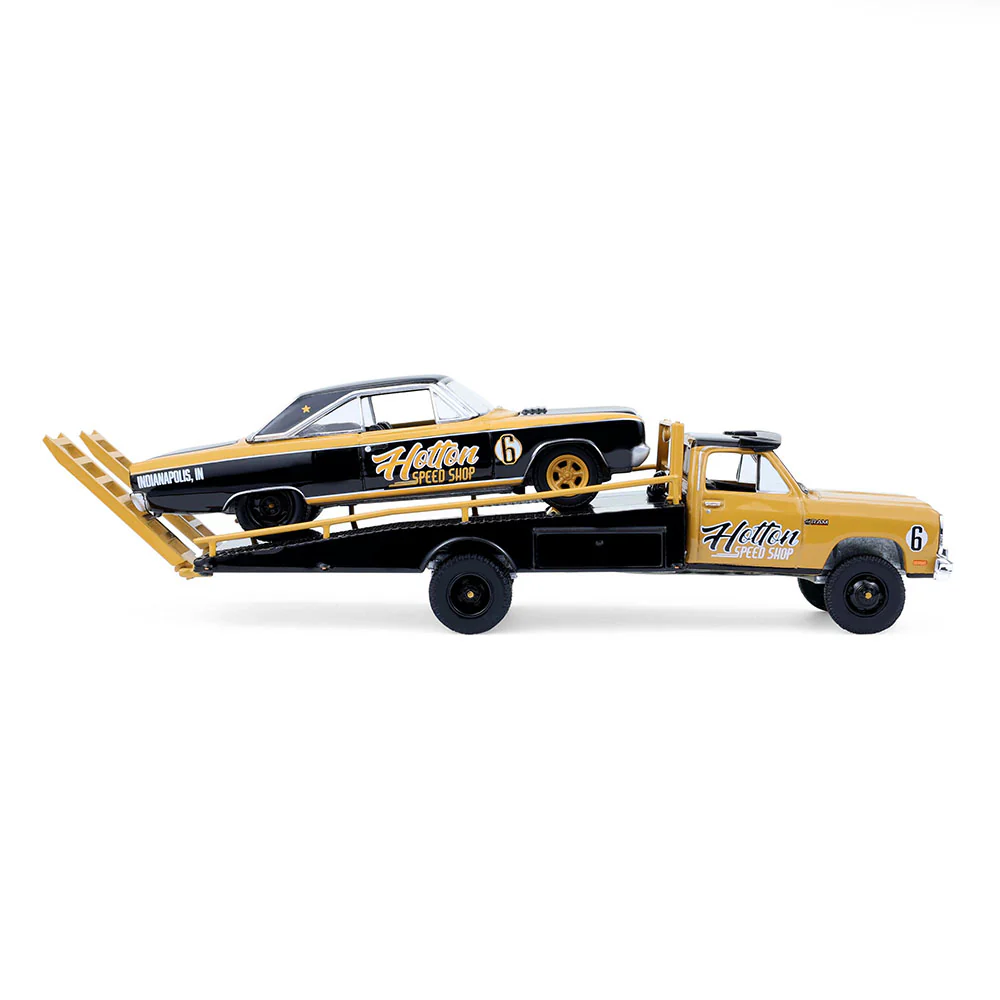 1985 Dodge Ram D350 Ramp Truck w/ 1965 Dodge Coronet Hotton Speed Shop (H.D. Trucks Series 26) Diecast 1:64 Scale Model - Greenlight 33260A - Image 4