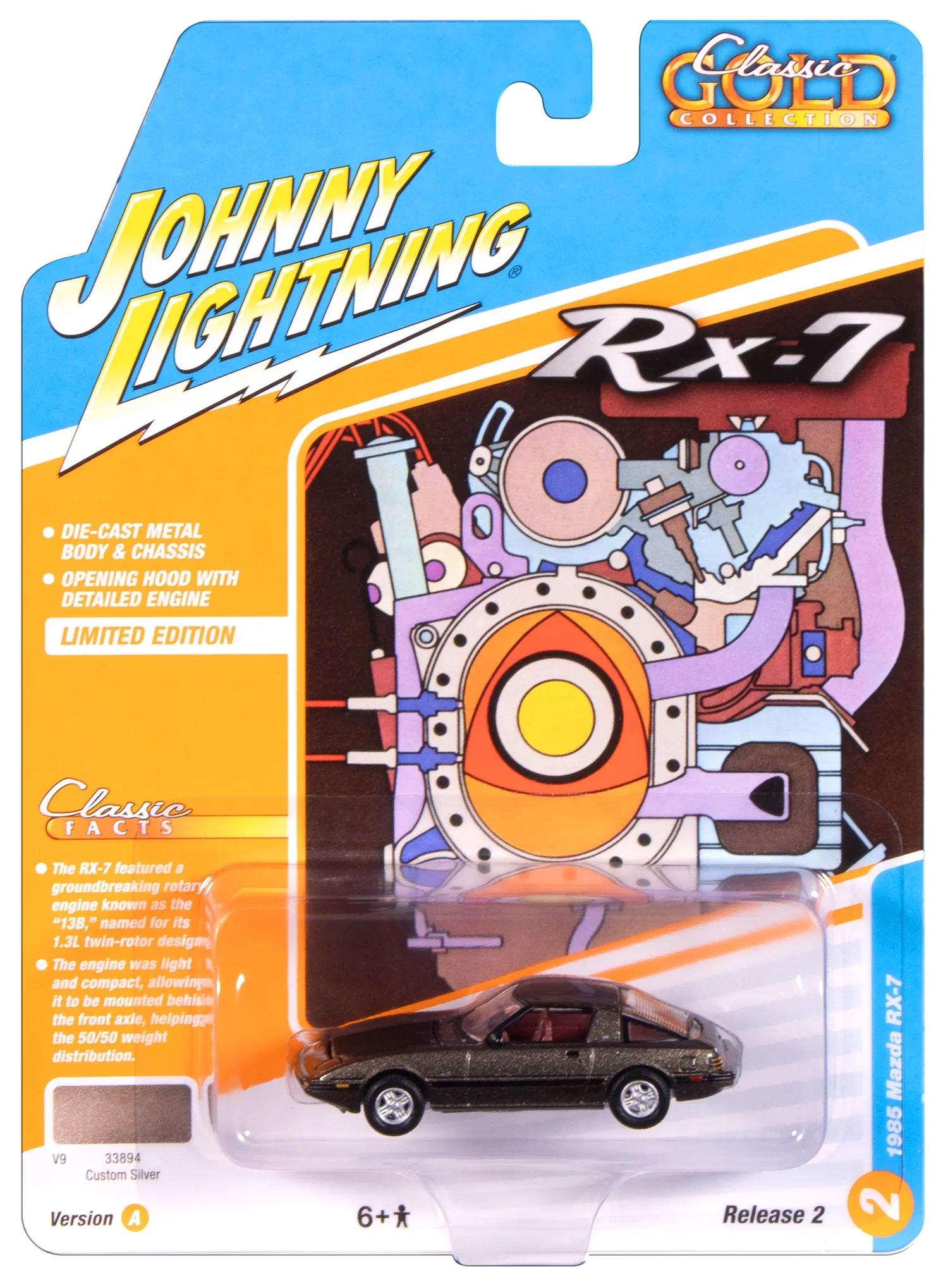 1985 Mazda RX-7 V9 Metallic Silver (Classic Gold) Diecast 1:64 Scale Model - Johnny Lightning JLCG037 - Image 3
