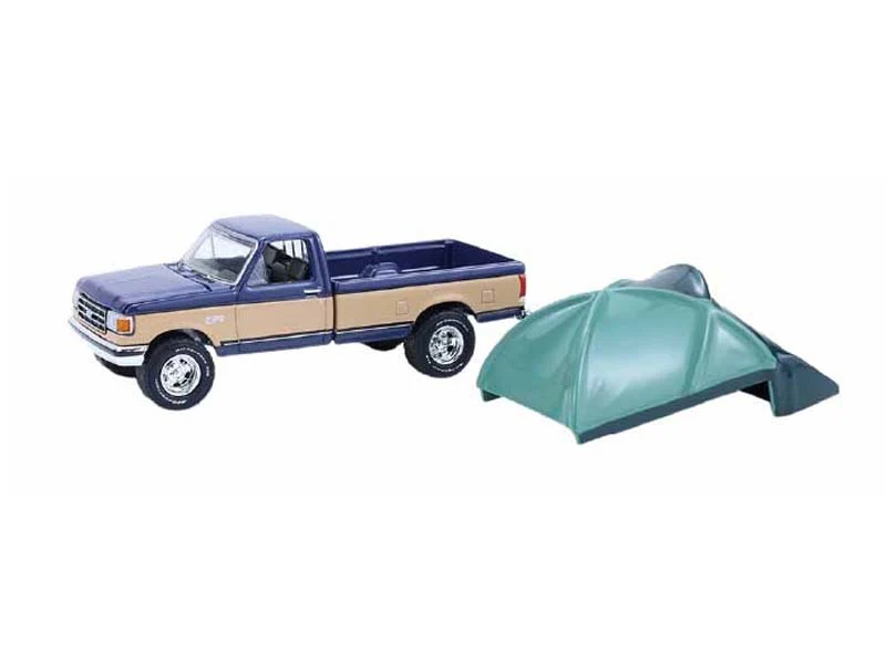 1987 Ford F-150 XLT Lariat - Dark Blue and Tan w/ Modern Truck Bed Tent (The Great Outdoors Series 4) Diecast 1:64 Scale Model - Greenlight 38080D
