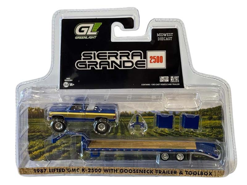 1987 GMC Sierra K-2500 Lifted w/ Gooseneck Trailer Blue / Gold (Midwest Diecast) Diecast 1:64 Scale Model - Greenlight 51653A