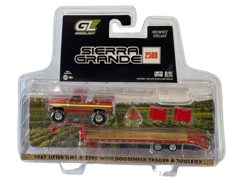 1987 GMC Sierra K-2500 Lifted w/ Gooseneck Trailer Red / Gold (Midwest Diecast) Diecast 1:64 Scale Model - Greenlight 51653B