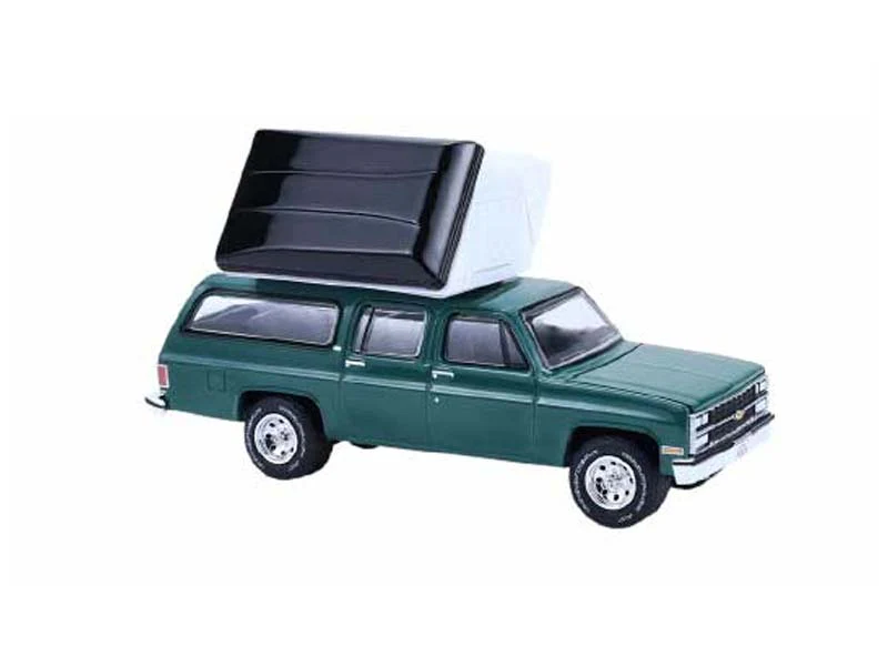 1990 Chevrolet Suburban - Green w/ Modern Rooftop Camper (The Great Outdoors Series 4) Diecast 1:64 Scale Model - Greenlight 38080E - Image 2
