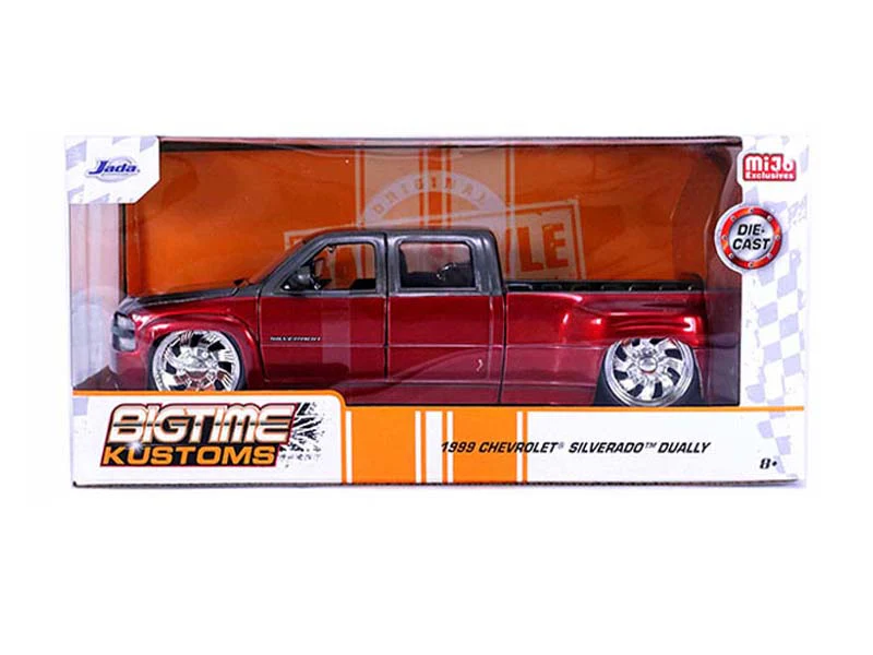 1999 Chevrolet Silverado Dually Custom KMC Wheels – Two Tone Red Metallic w/ Grey (Bigtime Kustoms) Diecast 1:24 Scale Model - Jada 35590 - Image 2