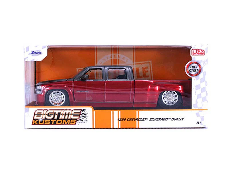 1999 Chevrolet Silverado Dually Stock Wheels – Two Tone Red Metallic w/ Grey (Bigtime Kustoms) Diecast 1:24 Scale Model - Jada 35589 - Image 2