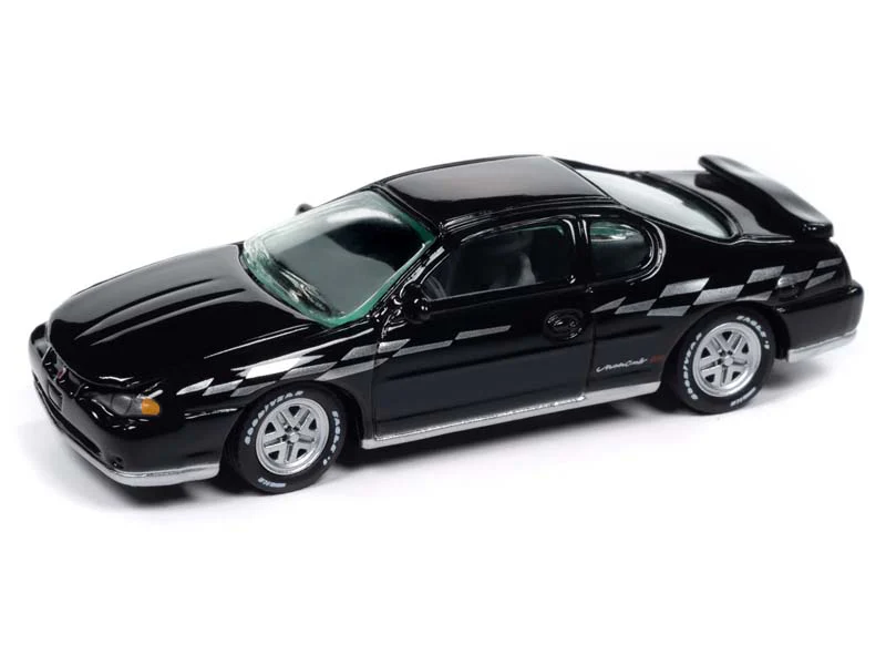 2001 Chevrolet Monte Carlo SS - Gloss Black w/ Silver Checkered Flag Side Stripe Diecast 1:64 Scale Model - Johnny Lightning JLCG033B