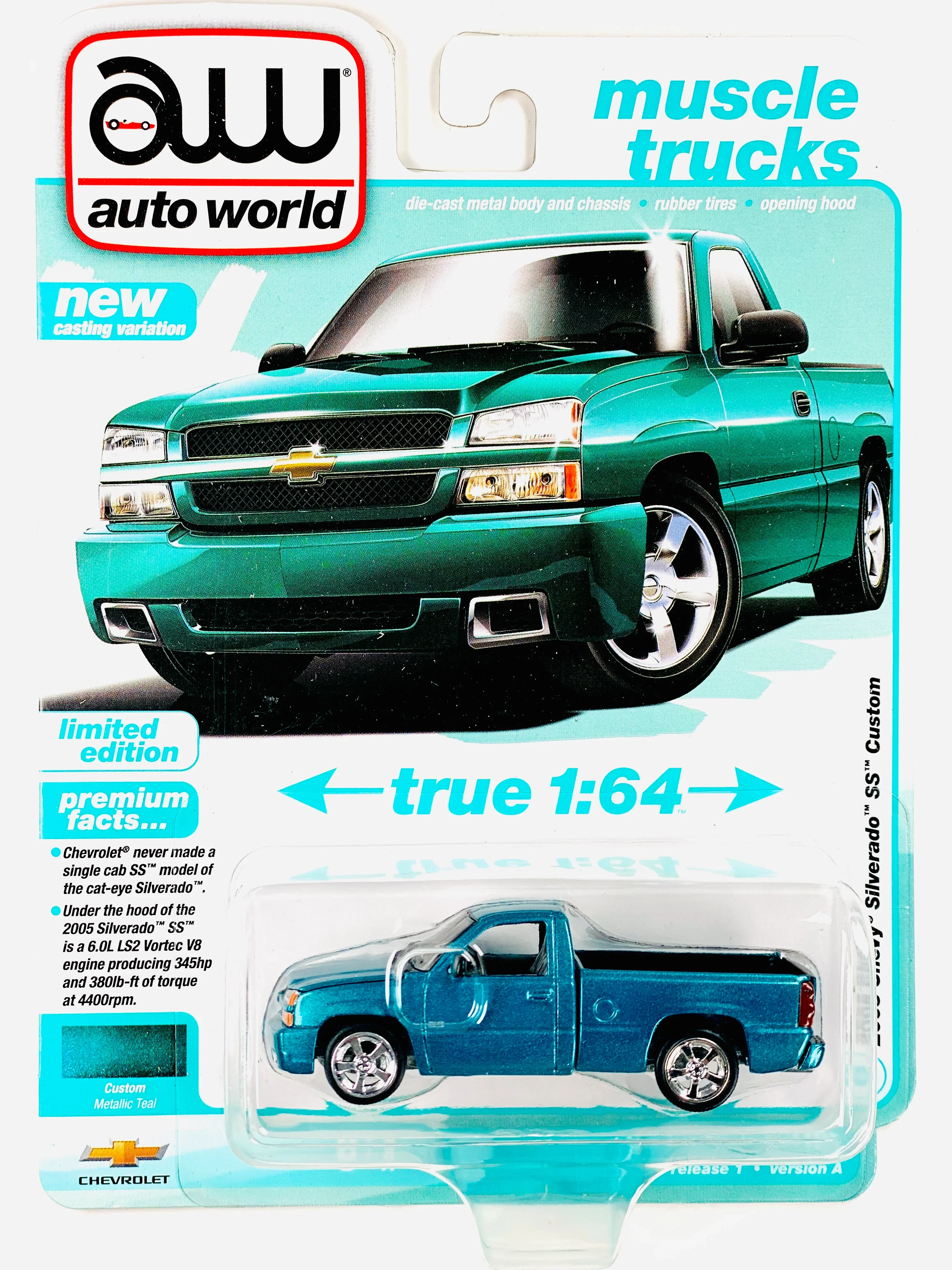 2005 Chevy Silverado SS Custom (Single Cab) Teal Turquoise Metallic (Premium 2025 Release Version A) Diecast 1:64 Scale Model - Auto World AWSP190A - Image 3