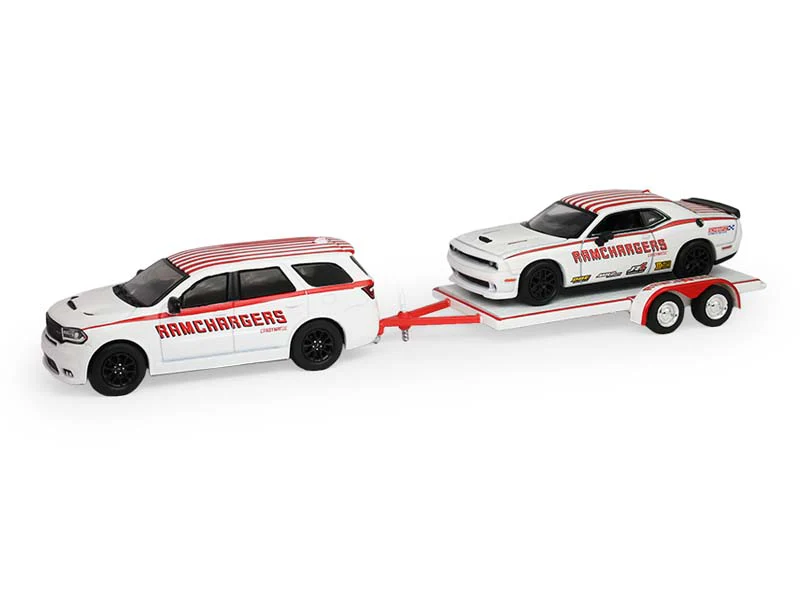 2018 Dodge Durango and 2016 Dodge Challenger SRT/Hellcat w/ Flatbed Trailer (Racing Hitch & Tow Series 6) Diecast 1:64 Scale Model - Greenlight 31190B