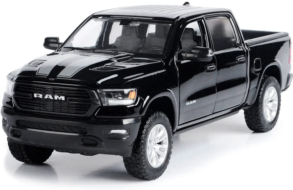 2019 Dodge Ram 1500 Crew Cab Laramie Pickup Truck Black w/ Silver Stripe 1:24 Diecast Model - Motormax 79357BKST