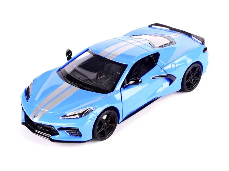 2020 Chevrolet Corvette C8 Stingray - Blue w/ Silver Stripes (Timeless Legends) Diecast 1:24 Scale Model - Motormax 79360BLSIL