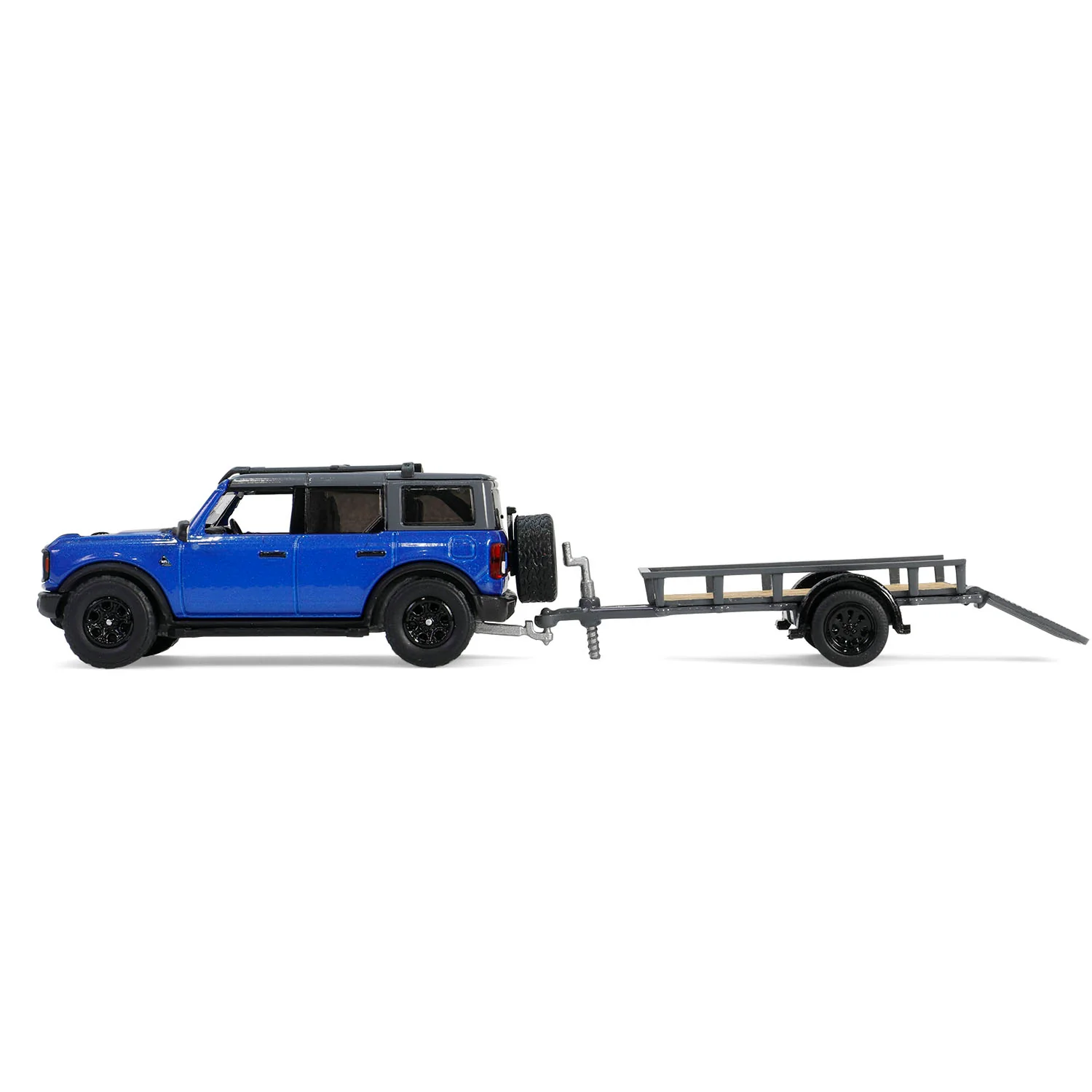 2021 Ford Bronco Black Diamond Blue Metallic w/ Trailer & Motorcycle - (Hitch & Tow Series 32) Diecast 1:64 Scale Model - Greenlight 32320C - Image 2