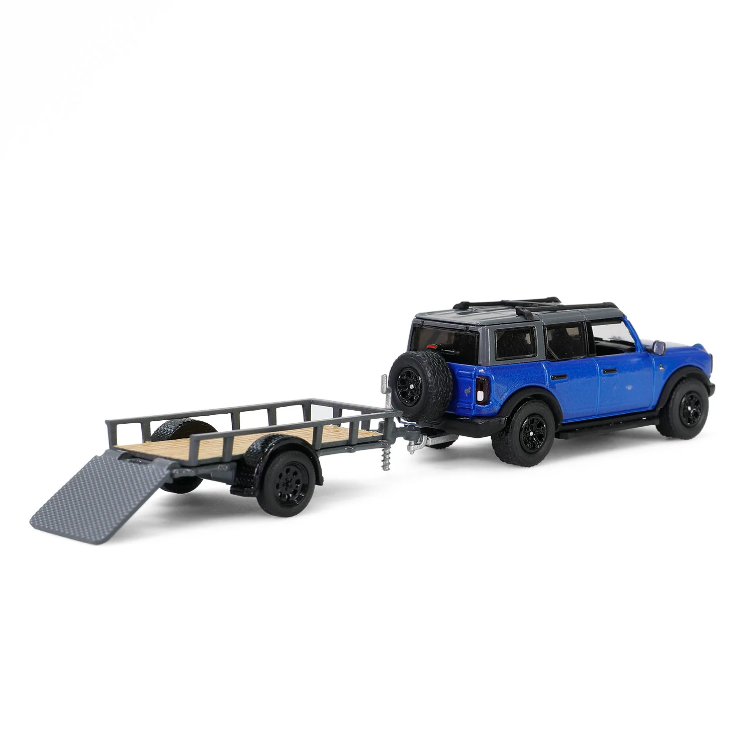 2021 Ford Bronco Black Diamond Blue Metallic w/ Trailer & Motorcycle - (Hitch & Tow Series 32) Diecast 1:64 Scale Model - Greenlight 32320C - Image 3