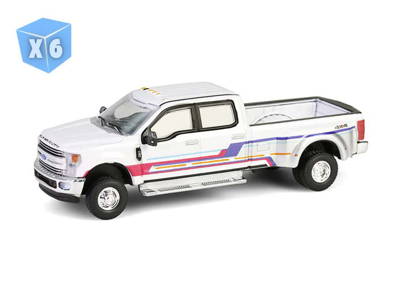 6 PACK 2019 Ford F-350 Lariat Dually - White w/ Custom Stripes (Dually Drivers Series 16) Diecast 1:64 Scale Model - Greenlight 46160D