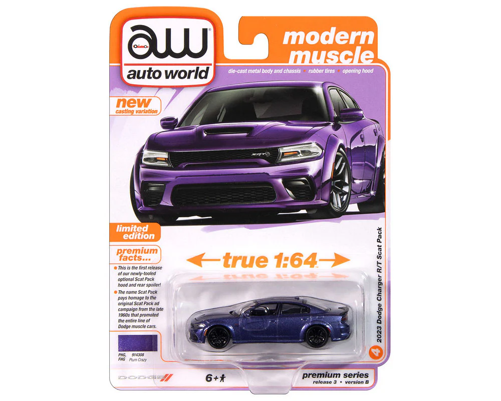 6 PACK 2023 Dodge Charger Swinger R/T Scat Pack – Plum Crazy (Premium 2024 Release 3) Diecast 1:64 Scale Model - Auto World AWSP181B - Image 2