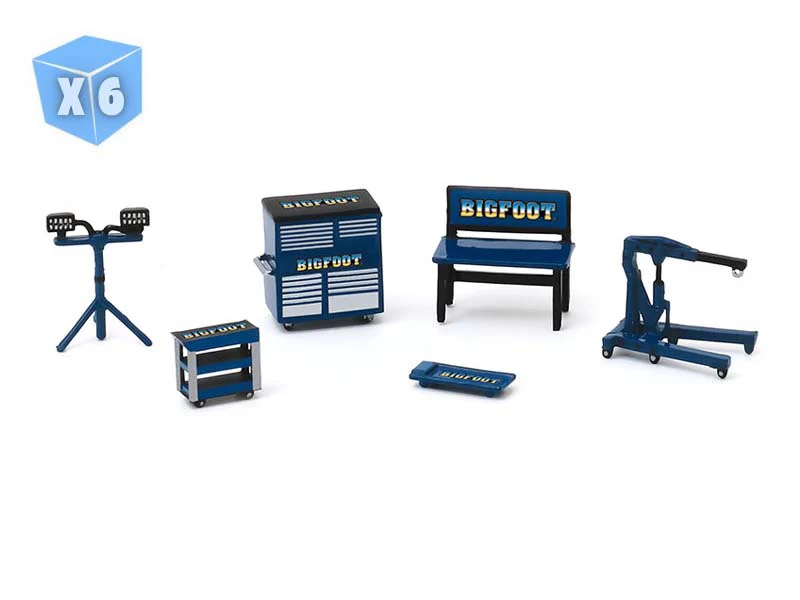 6 PACK Bigfoot Monster Truck Auto Body Shop (Shop Tool Accessories Series 2) Diecast 1:64 Scale Models - Greenlight 16040A