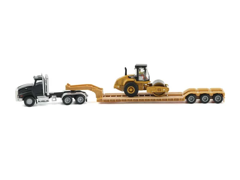 Black Kenworth T880 Tractor w/ Lowboy Trailer and CAT Roller Diecast 1:87 HO Scale Model - Diecast Masters 84425