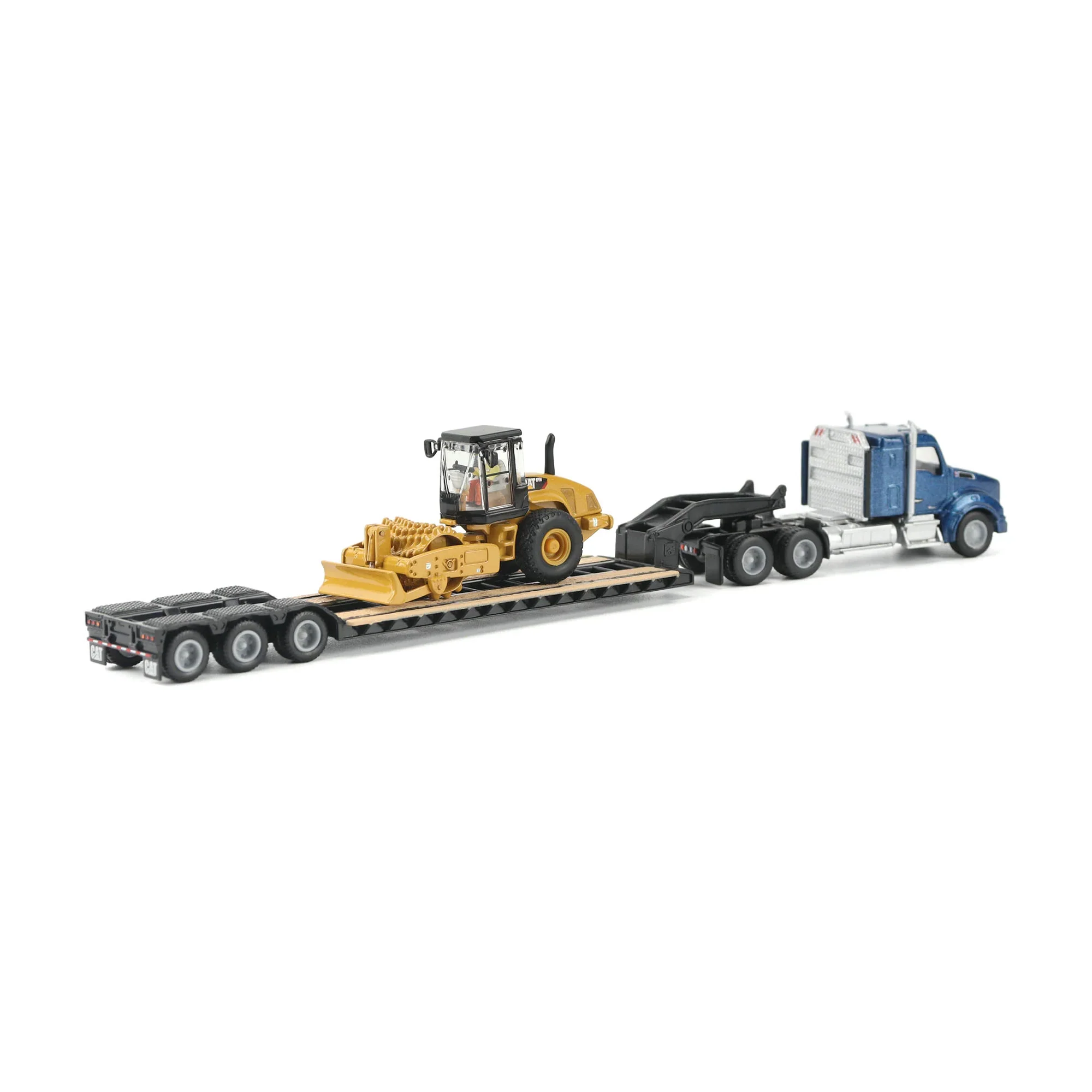 Blue Kenworth T880 Tractor w/ Lowboy Trailer and CAT Padfoot Roller Diecast 1:87 HO Scale Model - Diecast Masters 84424 - Image 4