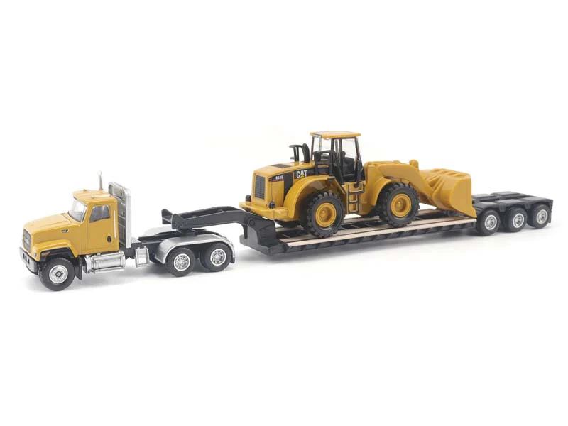 CAT Caterpillar CT681 Day Cab Tractor w/ Lowboy Trailer and CAT 950G Wheel Loader Diecast 1:87 HO Scale Model - Diecast Masters 84418