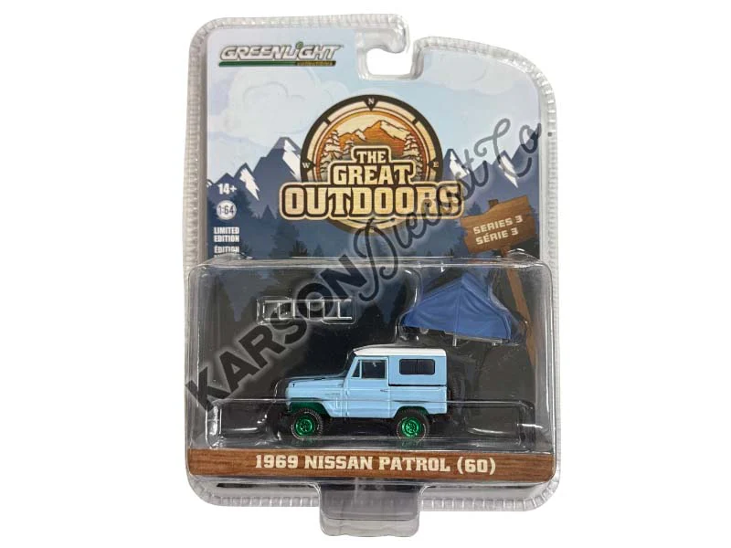 CHASE 1969 Nissan Patrol (60) - Blue & White w/ Camp'otel Cartop Sleeper Tent (The Great Outdoors) Series 3 Diecast 1:64 Scale Model - Greenlight 38050A