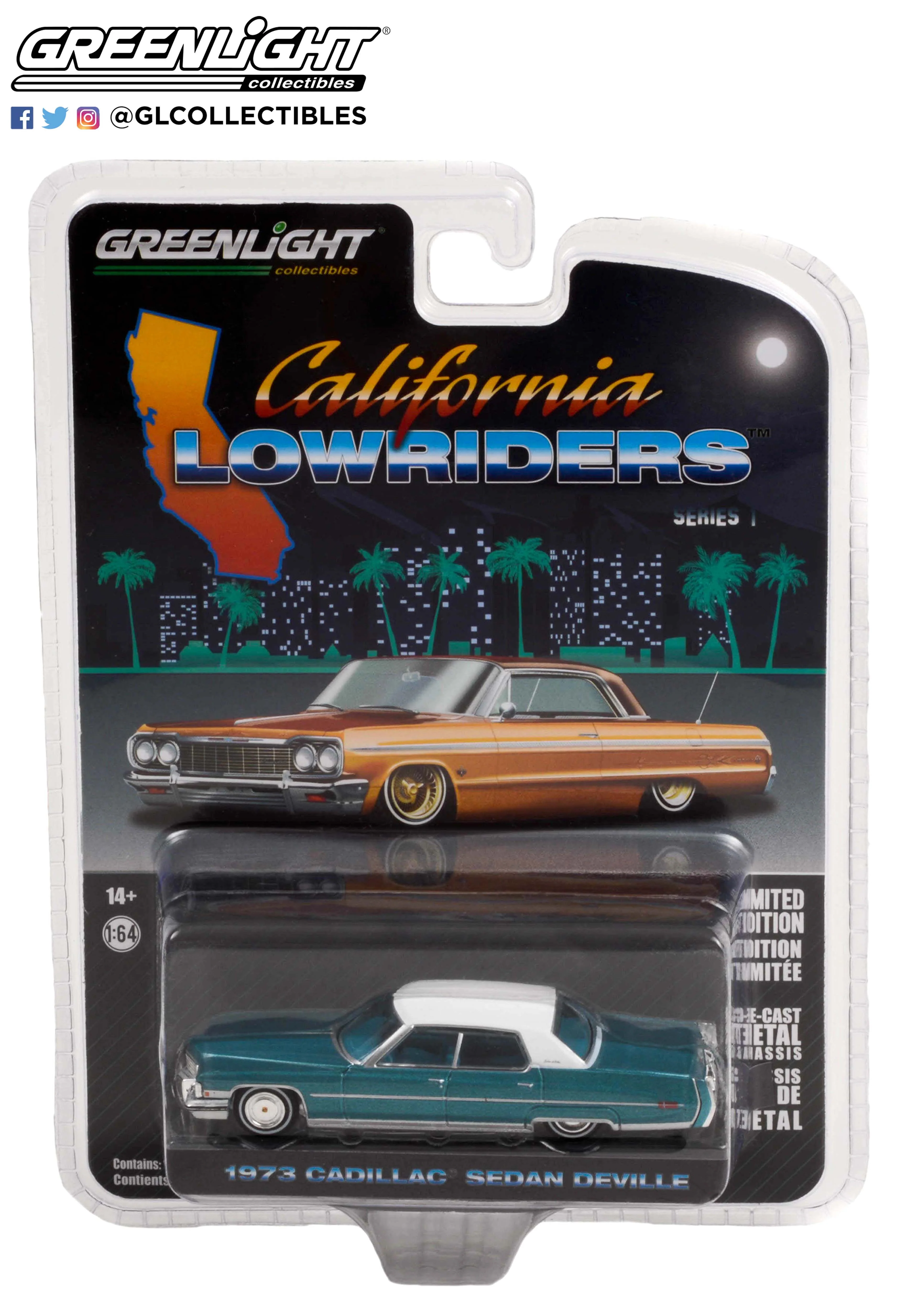 CHASE 1973 Cadillac Sedan deVille - Teal w/ White Roof "California Lowriders" Series 1 Diecast 1:64 Scale Model Cars - Greenlight 63010F - Image 3