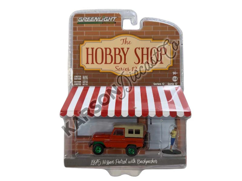 CHASE 1975 Nissan Patrol w/ Backpacker (The Hobby Shop Series 12) Diecast 1:64 Scale Model - Greenlight 97120A