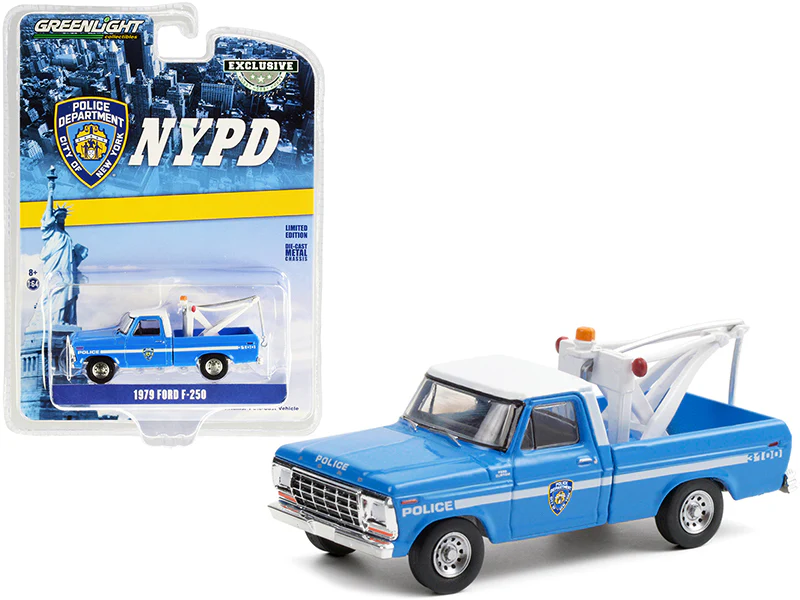 12 PACK 1979 Ford F-250 Tow Truck w/ Drop-In Tow Hook Blue w/ White Top (NYPD) Diecast 1:64 Model - Greenlight 30224 - Image 2