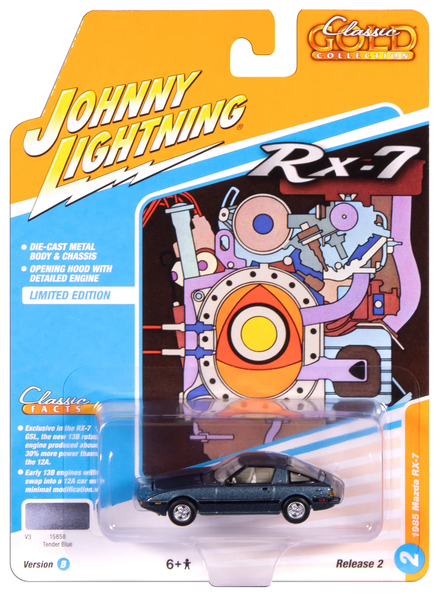 1985 Mazda RX-7 V3 Tender Blue (Classic Gold) Diecast 1:64 Scale Model - Johnny Lightning JLCG037 - Image 3