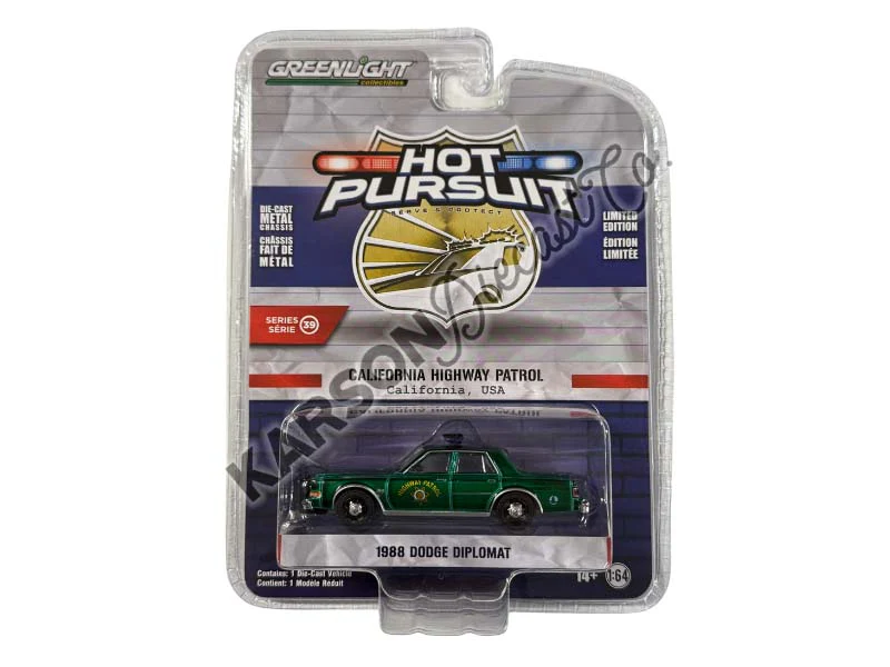 CHASE 1988 Dodge Diplomat - California Highway Patrol Vehicle Pollution Enforcement (Hot Pursuit Series 39) Diecast 1:64 Scale Model - Greenlight 42970C