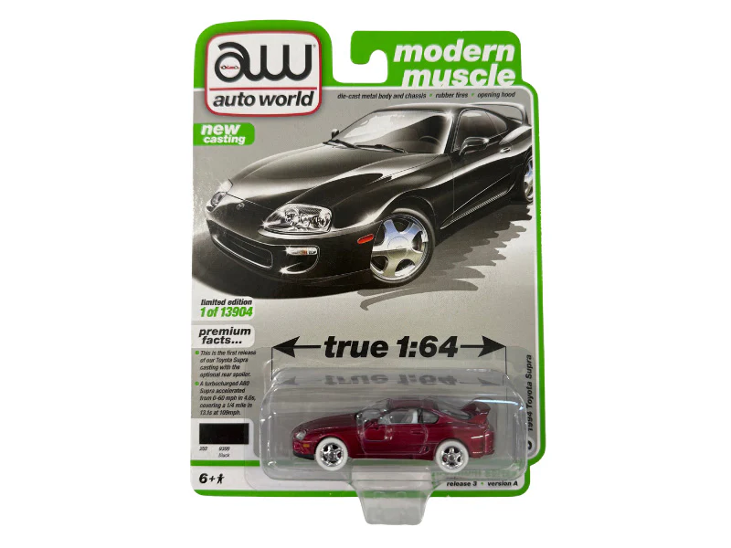 CHASE 1994 Toyota Supra Gloss Black (Modern Muscle) Diecast 1:64 Scale Model - Auto World 64322A
