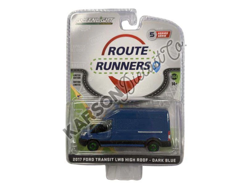 CHASE 2017 Ford Transit LWB High Roof - Dark Blue (Route Runners Series 5) Diecast 1:64 Scale Model - Greenlight 53050A